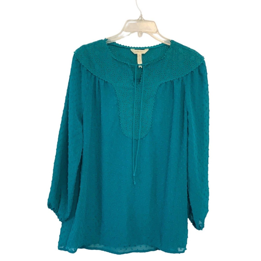 Matilda Jane Women’s Teal Swiss Dot Sheer Tunic Blouse Charisma Tie Neck Medium